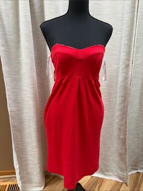 Shoshanna Elegant Strapless Red Midi Dress with Side Tie Detail